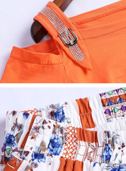 Fashion Off Shoulder T-shirt & Multi-color Print Skirt