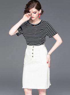 Striped O-neck Top & High Waist Sheath Skirt
