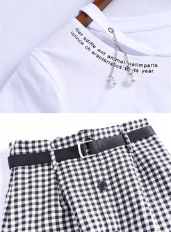 Letter Print O-neck T-shirt & Plaid Belted Slim Skirt