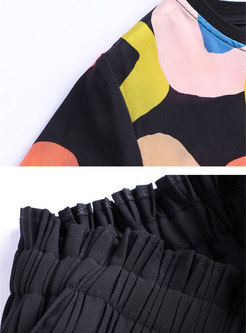 Casual Print O-neck T-shirt & High Waist Pleated Skirt