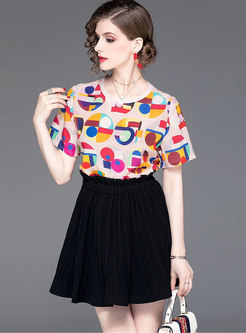 Casual Print O-neck T-shirt & Elastic Waist Pleated Skirt