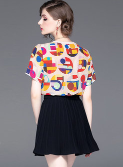 Casual Print O-neck T-shirt & Elastic Waist Pleated Skirt