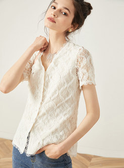 Chic Lace V-neck Short Sleeve Single-breasted Top