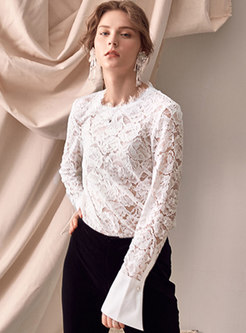 Lace See-though O-neck Straight Pullover Top
