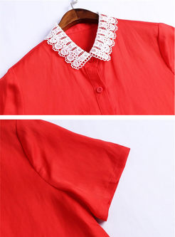 Elegant Red Color-blocked Lapel Shirt Dress