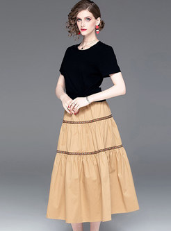 Casual O-neck T-shirt & Splicing A Line Skirt