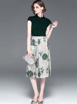 Solid Color Mandarin Collar Top & Print Skirt