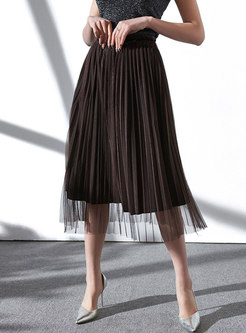High Waist Velvet Mesh Splicing Midi Skirt