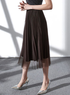 High Waist Velvet Mesh Splicing Midi Skirt