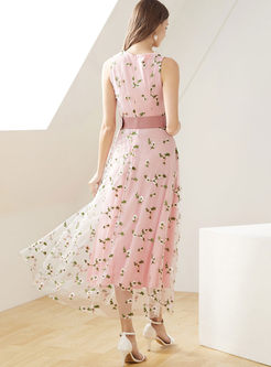 Fashion V-neck Sleeveless Print Mesh Big Hem Dress