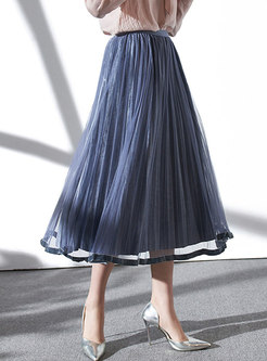 Solid Color Mesh Splicing Elastic Waist Casual Skirt