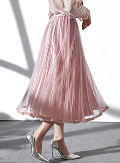 Sweet Pink Mesh Pleated All-matched Skirt