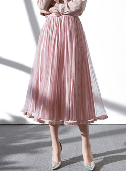 Sweet Pink Mesh Pleated All-matched Skirt
