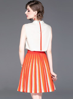 Stylish Pure Color Sleeveless Top & Color-blocked Pleated Skirt