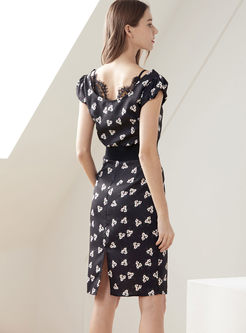 Fashion Lace V-neck Splicing Print Bodycon Dress
