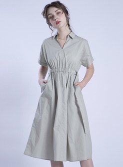 Solid Color V-neck Elastic Waist Slim Midi Dress