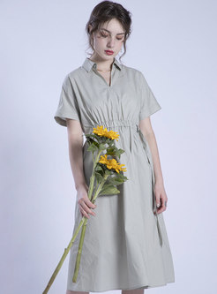 Solid Color V-neck Elastic Waist Slim Midi Dress