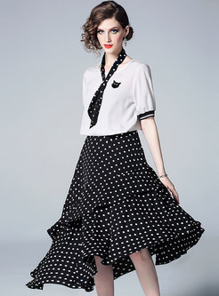 Brief O-neck Splicing T-shirt & Polka Dot Irregular Skirt