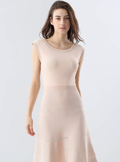 Solid Color Sleeveless Gathered Waist Knitted Dress