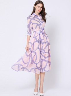 Elegant Print Lapel Tie-waist A Line Dress