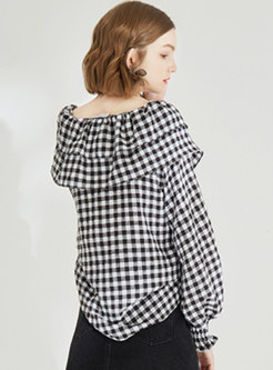 Chic Tied Plaid Lantern Sleeve Pullover Blouse