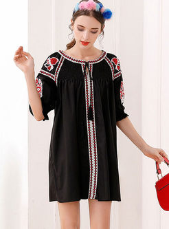 Ethnic O-neck Short Sleeve Embroidered Dress