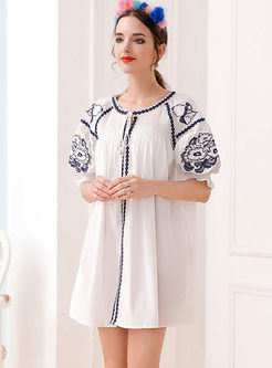 Casual Embroidered Tassel Tied Loose Shift Dress