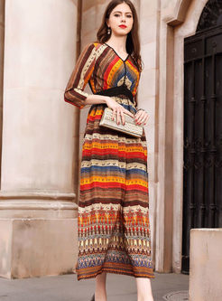 Color-blocked Three Quarters Sleeve Stripe Silk Dress