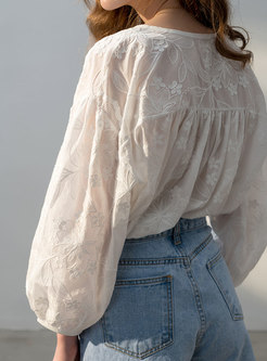 Loose Cotton Embroidered Lantern Sleeve Casual Blouse
