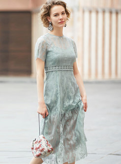 Solid Color Lace High Waist Retro A Line Dress