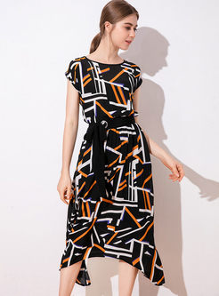 O-neck Waist Geometric Print Irregular Hem Dress