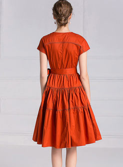 Elegant O-neck Short Sleeve Bowknot Waist Dress