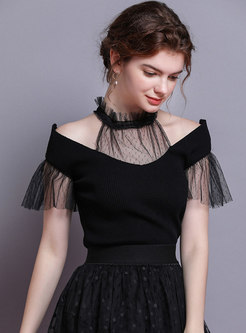 Chic Mesh Collar Off Shoulder Bowknot Knitted T-shirt