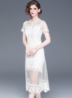 Elegant Hollow Out Diamond Lace High Waist Bodycon Dress