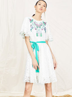Ruffled Sleeve Embroidered Lace Skater Dress