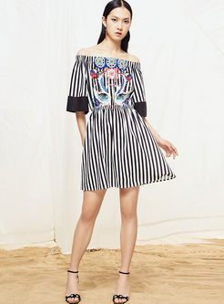Sexy Slash Neck Print Stripe Waist A Line Dress