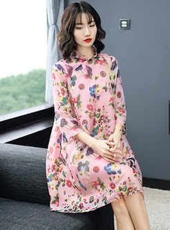 Retro Mandarin Collar Loose Print Silk Dress