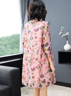 Retro Mandarin Collar Loose Print Silk Dress