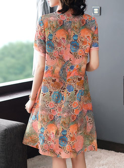 Vintage Summer Print Mandarin Short Sleeve Shift Dress 