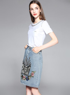 All-matched Denim Cartoon Embroidered A Line Skirt