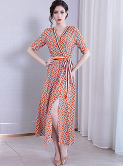 Stylish Print V-neck Tie-waist Slit Maxi Dress