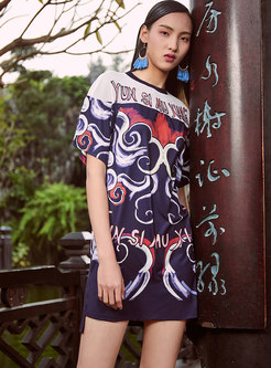 Chic Print O-neck Asymmetric Pullover T-shirt Dress