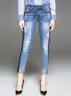Flocking Tied Splicing Shredded Zip-up Pencil Jeans