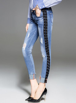 Flocking Tied Splicing Shredded Zip-up Pencil Jeans