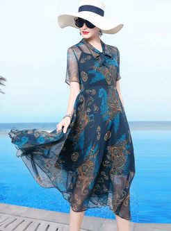 V-neck Short Sleeve Print Silk Dress With Cami