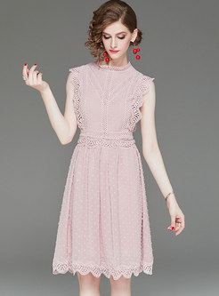 Lace Splicing Stand Collar Sleeveless Skater Dress