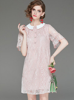 Sweet Embroidered Lapel Flare Sleeve Shift Dress