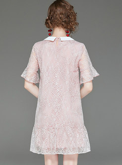Sweet Embroidered Lapel Flare Sleeve Shift Dress