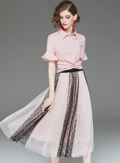 Striped Flare Sleeve Blouse & Color-blocked Mesh Skirt