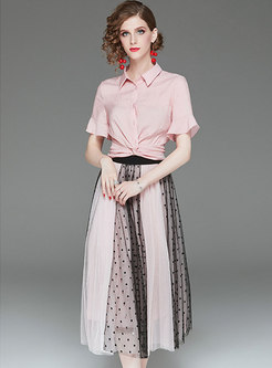 Striped Flare Sleeve Blouse & Color-blocked Mesh Skirt